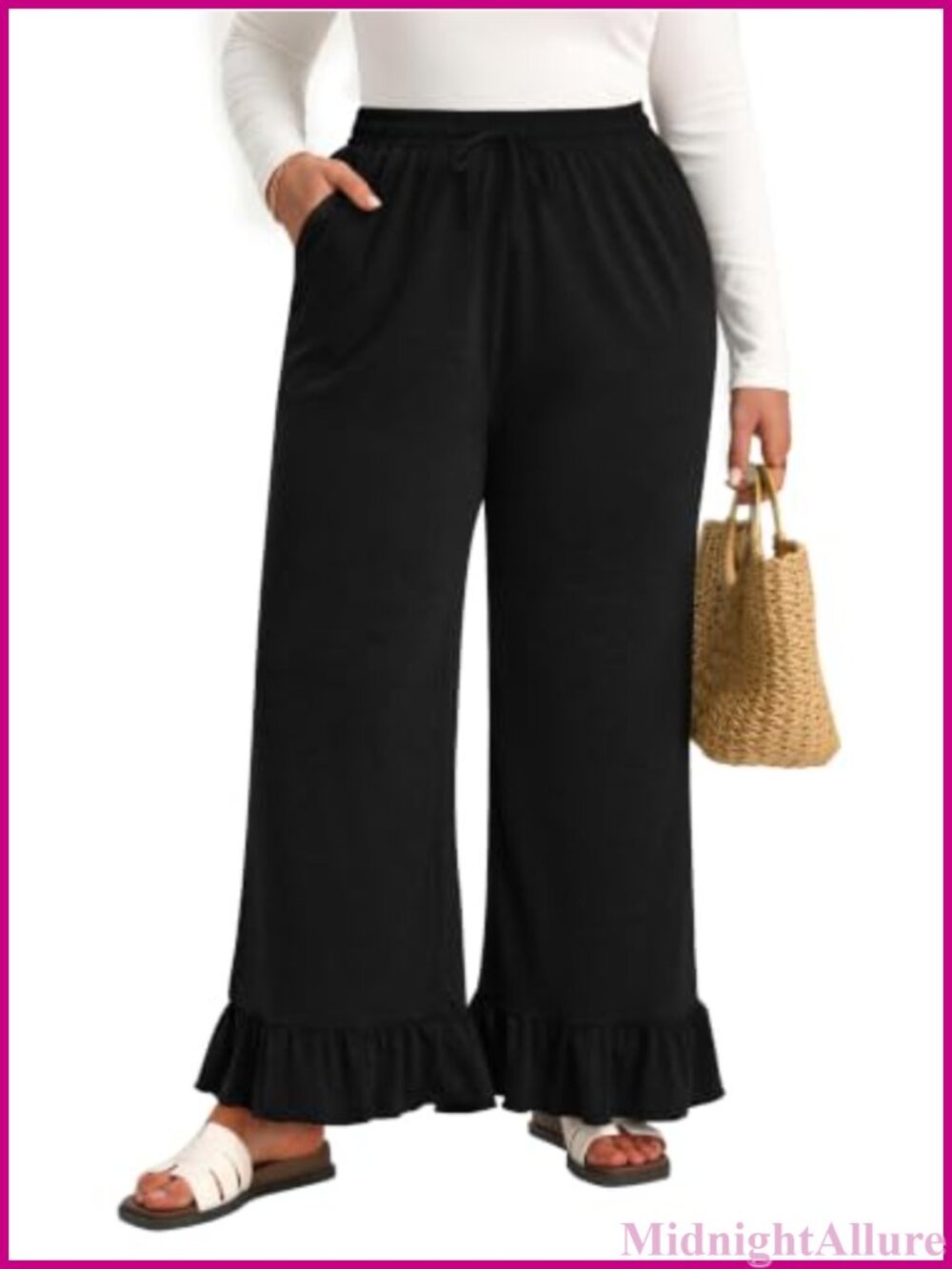 Womens Plus Size Wide Leg Drawstring High Waist Ruffle Hem Palazzo Pants